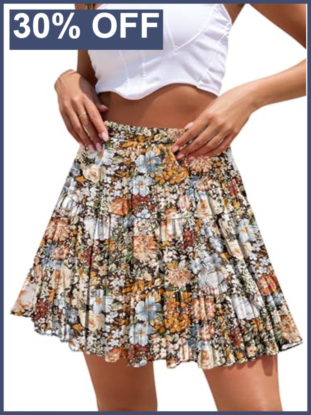 Boho Floral Chiffon Mini Skirt High Waist Tiered Pleated Flowy A-Line